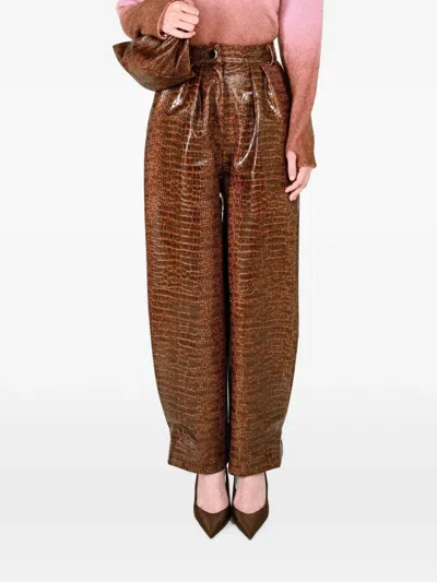 Rowen Rose Crocodile-effect Pleated Trousers In Brown