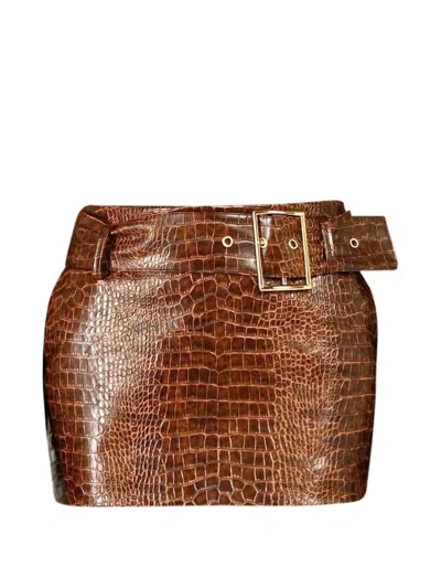 Rowen Rose Croco-effect Belted Mini Skirt In Brown