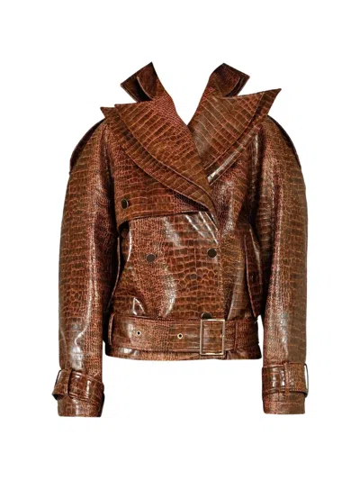 Rowen Rose Croco-effect Signature Short Trench Coat In Brown