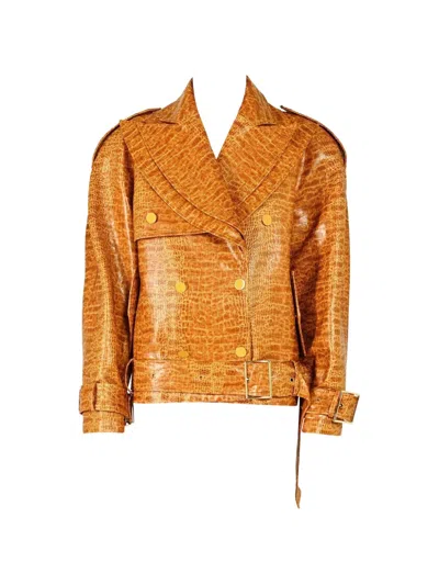 Rowen Rose Croco-effect Trench Jacket In Brown