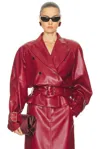 Rowen Rose Faux Leather Belted Jacket In Burgundy