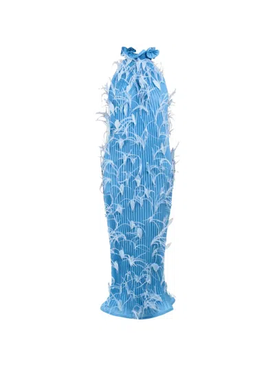 Rowen Rose Feathers Pleated Maxi Dress In Blue