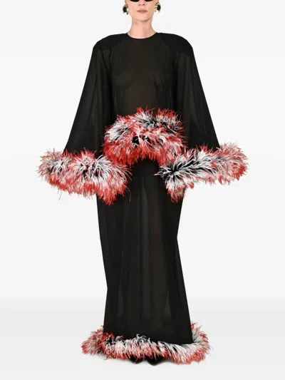 Rowen Rose Feather-trim Cape-sleeve Maxi Dress In Black