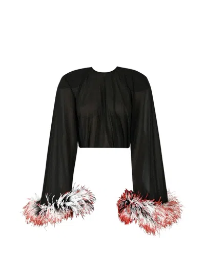 Rowen Rose Feather-trim Georgette Top In 블랙