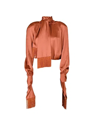 Rowen Rose Fringed Pussy-bow Blouse In Brown