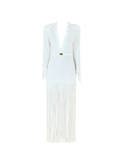 Rowen Rose Fringe-trim Long-sleeve Maxi Polo Dress In 화이트