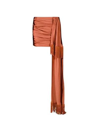 Rowen Rose Fringe-trimmed Draped Mini Skirt In Orange