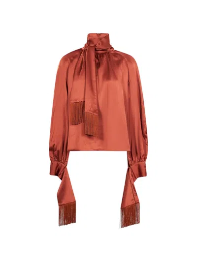 Rowen Rose Fringe-trimmed Tie-neck Blouse In Orange