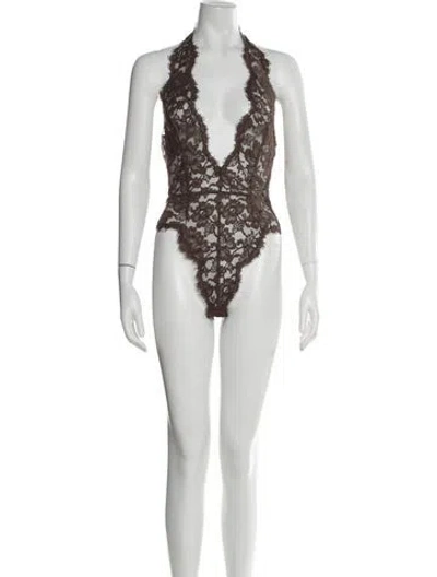 Pre-owned Rowen Rose Lace Lace Pattern Bodysuit In Brown