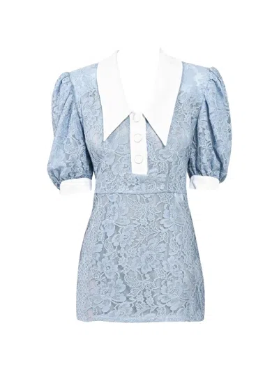 Rowen Rose Lace Puff-sleeve Dress In Blue