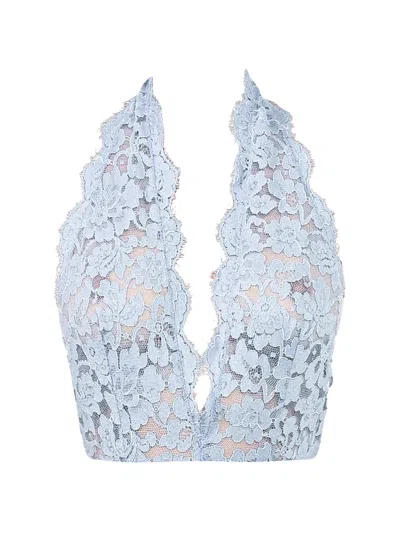 Rowen Rose Lace-overlay Halterneck Bodysuit In Blue