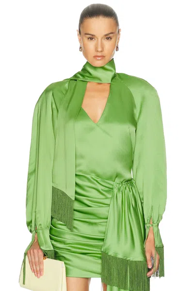 Rowen Rose Long Sleeve Fringe Top In Green