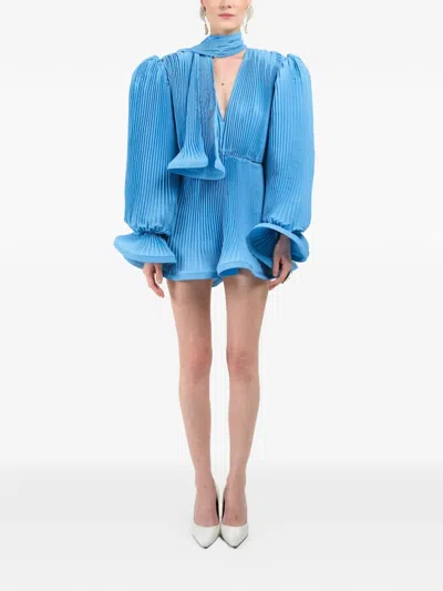 Rowen Rose Pleated Puffy Mini Dress In Blue