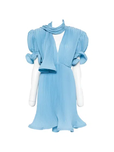 Rowen Rose Pleated Puffy-sleeve Midi Dress In Blue