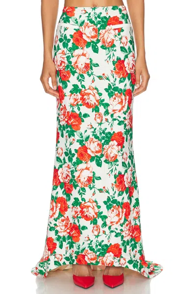 Rowen Rose Sable Printed Low Waist Long Skirt In Cream & Red Roses