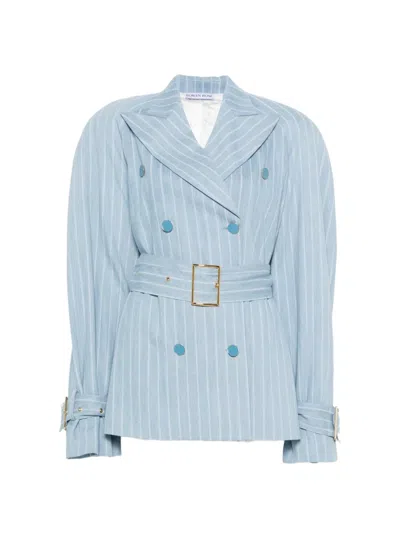 Rowen Rose Striped Belted Coat In Blue