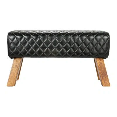 Rowena Interiors Elijah Stitched Genuine Leather Bench With Mango Wood Legs In Black