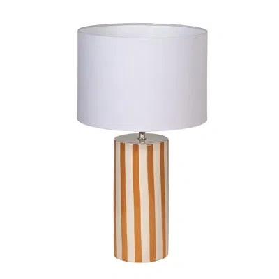 Rowena Interiors Glazed Stoneware Cylinder Lamp With Brown Stripes And Linen Shade In Brown;cream