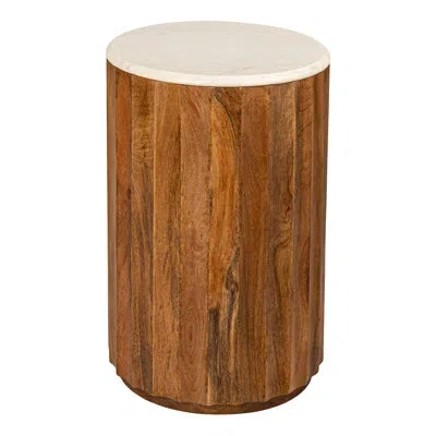 Rowena Interiors Luca Round Mango Wood Fluted End Table With Marble Top In Brown,ivory
