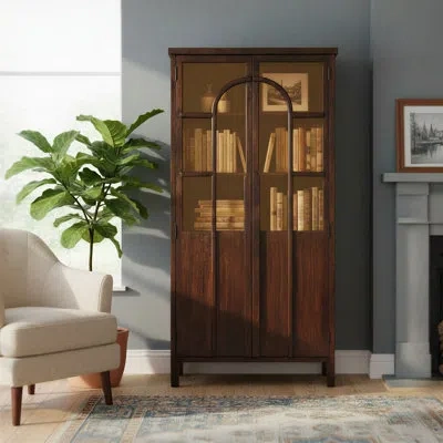 Rowena Interiors Mango Wood Accent Curio Cabinet With Arched Windowpane Doors In Brown