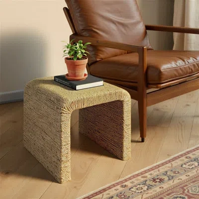 Rowena Interiors Miramar Woven Water Hyacinth & Acacia Wood End Table With Waterfall Edge In Brown