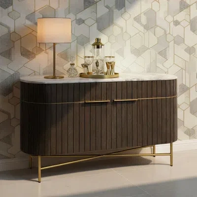 Rowena Interiors Oval Mango Wood Sideboard Console Table With Fluted Doors And Brass-toned Legs In Gray