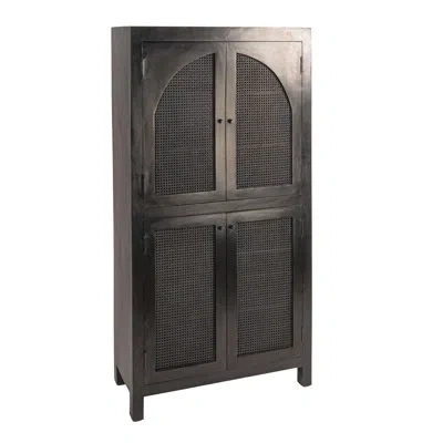 Rowena Interiors Quinn Mango Wood & Cane Arched Door Curio Cabinet With Storage Shelves In Black