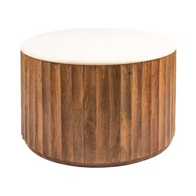 Rowena Interiors Round Mango Wood Fluted Coffee Table With Marble Top In Walnut