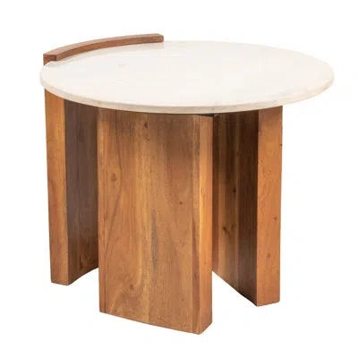 Rowena Interiors Round Marble And Mango Wood Semi-enclosed Side Table In Natural Finish In White