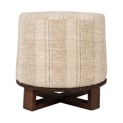 Rowena Interiors Taos Cotton Woven Round Ottoman Stool In Striped Upholstery With Dark Wood Base In Multicolore;multicolor