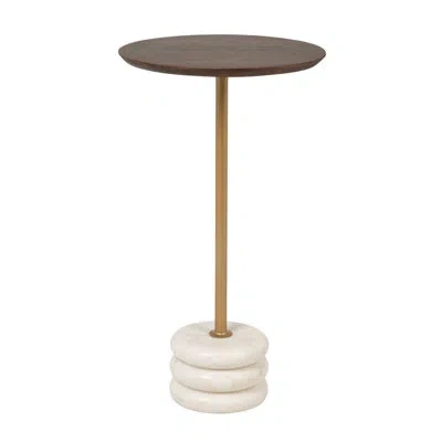 Rowena Interiors Verona Stacked Marble Base And Mango Wood Drink Table With Brass Post In Walnut