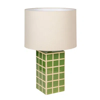 Rowena Interiors Zara Green Grid Stoneware Table Lamp With Linen Shade