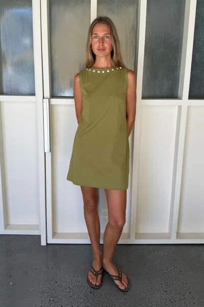 Rowie The Label Muriel Button Boatneck Mini Dress In Green
