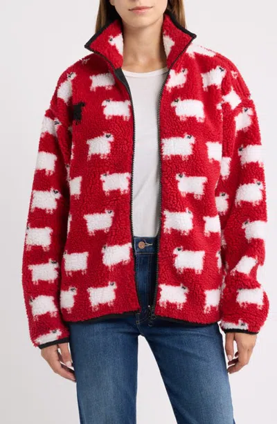 Rowing Blazers Sheep Printed High Pile Fleece Full Zip Sweatshirt In Diana Red
