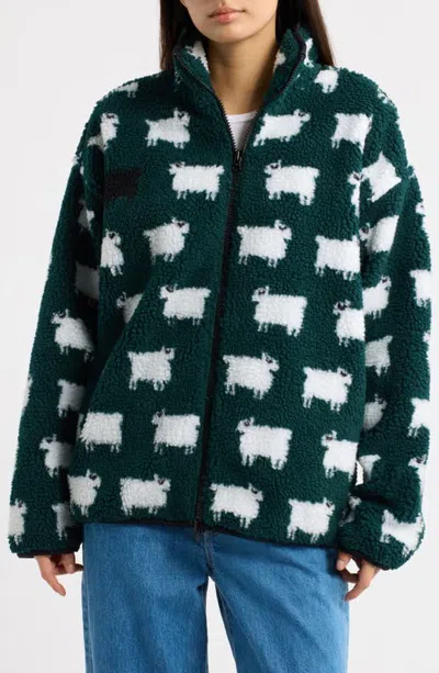 Rowing Blazers Sheep Printed High Pile Fleece Full Zip Sweatshirt In Green