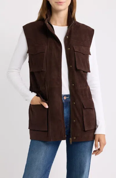 Rowing Blazers Suede Utility Vest In Dark Brown