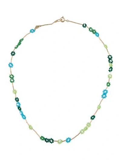 Pre-owned Roxanne Assoulin Beaded Flower Necklace, 19" In Blue/green/white
