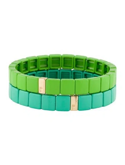 Pre-owned Roxanne Assoulin Color Therapy Solid Enamel & Bead Stretch Bracelet Set, 4.5" In Green
