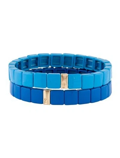 Pre-owned Roxanne Assoulin Color Therapy Solid Enamel & Bead Stretch Bracelet Set, 6.25" In Blue