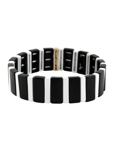 Pre-owned Roxanne Assoulin Enamel Bead Bistro Line By Line Stretch Bangle Bracelet, 7" In Black/white