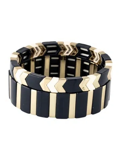 Pre-owned Roxanne Assoulin Enamel Bead Stretch Bangle Bracelet Set, 6.5" In Blue
