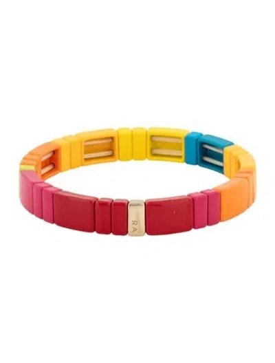 Pre-owned Roxanne Assoulin Enamel Bead Stretch Bracelet, 6.25" In Blue/orange/pink