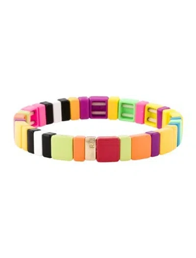 Pre-owned Roxanne Assoulin Enamel Bead Stretch Bracelet, 6.5" In Black/blue/gold
