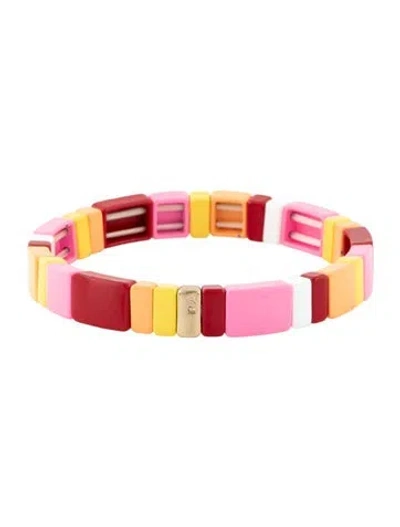 Pre-owned Roxanne Assoulin Enamel Bead Stretch Bracelet, 6.5" In Gold/orange/pink