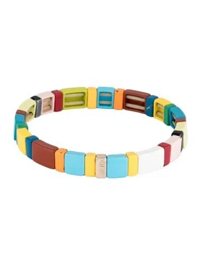 Pre-owned Roxanne Assoulin Enamel Beaded Stretch Bangle Bracelet, 7" In Blue/orange/white