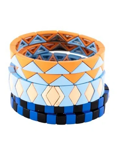 Pre-owned Roxanne Assoulin Enamel Beaded Stretch Bangle Bracelet Set, 6.75" In Black/blue/orange