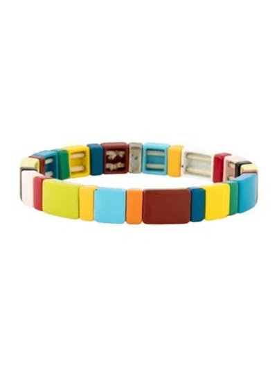 Pre-owned Roxanne Assoulin Enamel Beaded Stretch Bracelet, 6.5" In Black/blue/brown