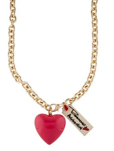 Pre-owned Roxanne Assoulin Enamel Big Puffy Heart Charm Pendant Necklace, 34" In Pink