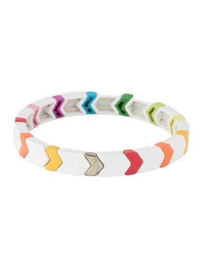 Pre-owned Roxanne Assoulin Enamel 'fresh Start' Beaded Stretch Bangle Bracelet, 6.75" In Blue/green/orange