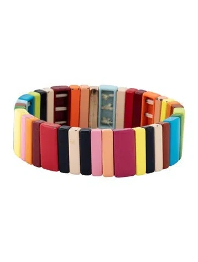 Pre-owned Roxanne Assoulin Enamel 'picnic Blanket Rainbow' Bead Bracelet, 6.75" In Black/blue/brown